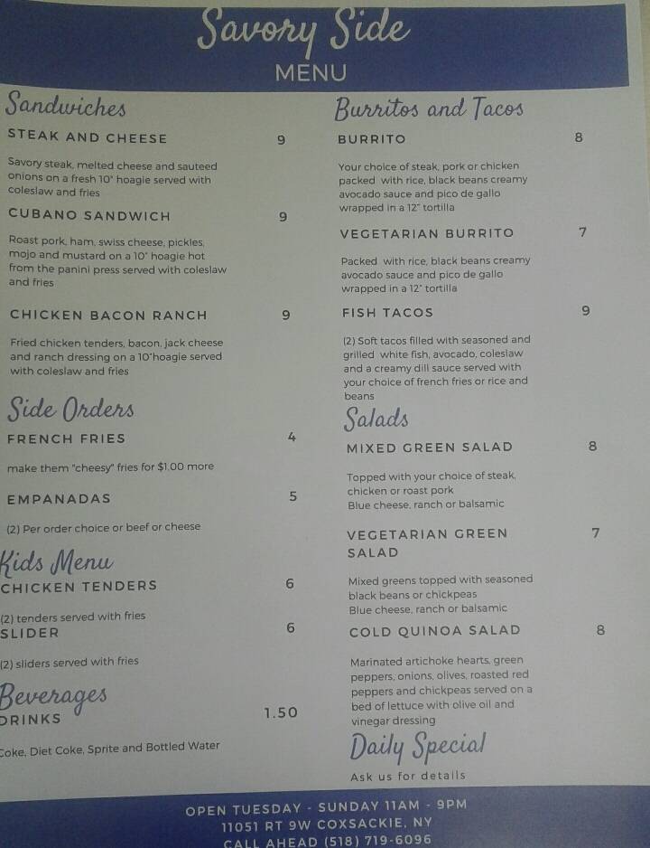 Savory Side Food Truck | restaurant | 11051 State, Rte 9W, Coxsackie, NY 12051, USA | 5187196096 OR +1 518-719-6096