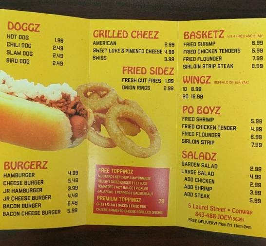 Joey Doggz | restaurant | 5 Laurel St, Conway, SC 29526, USA | 8434885639 OR +1 843-488-5639