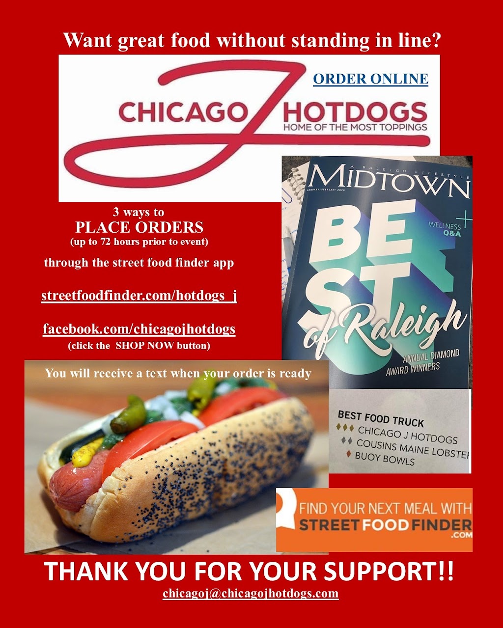 Chicago J Hotdogs | meal takeaway | 2912 N Main St, Fuquay-Varina, NC 27526, USA | 9193489405 OR +1 919-348-9405