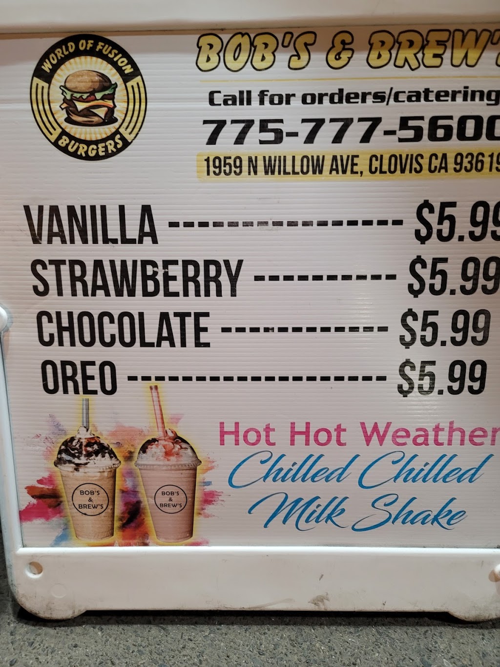 Bob’s & Brew’s | restaurant | 1959 N Willow Ave, Clovis, CA 93619, USA | 8057209596 OR +1 805-720-9596