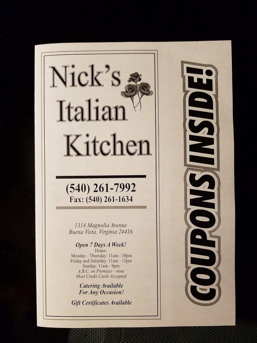 Nicks Italian Kitchen | restaurant | 1314 Magnolia Ave, Buena Vista, VA 24416, USA | 5402617992 OR +1 540-261-7992