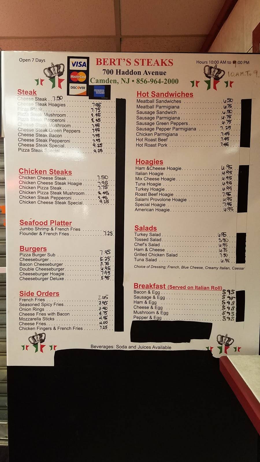 Berts Steak & Sub House | meal takeaway | 700 Haddon Ave, Camden, NJ 08103, USA | 8569642000 OR +1 856-964-2000