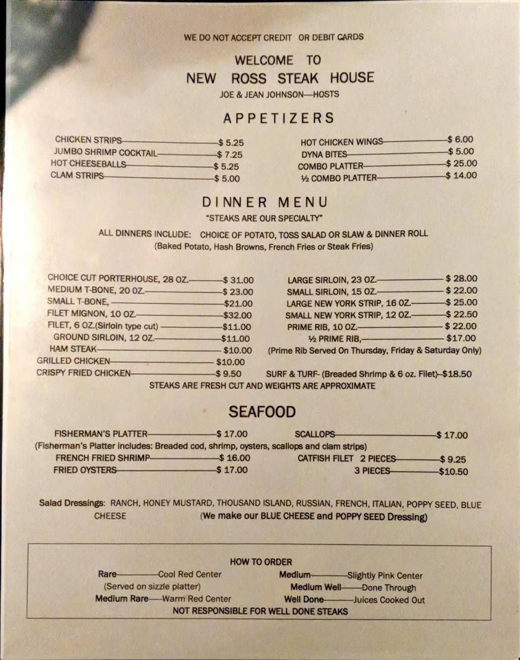 New Ross Steak House | restaurant | 176 Main St, New Ross, IN 47968, USA | 7657239291 OR +1 765-723-9291