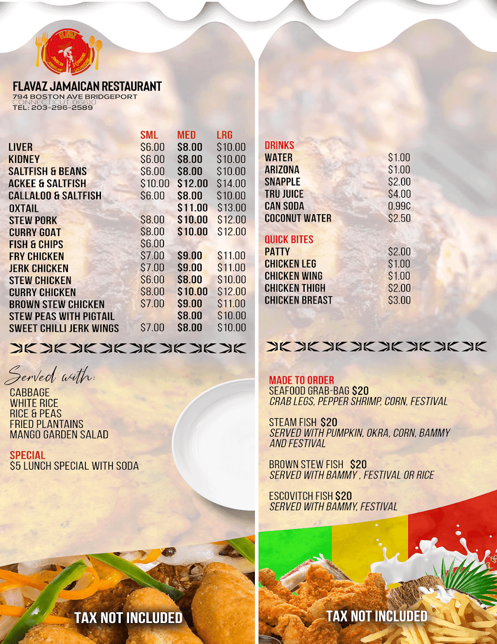 FLAVAZ JAMAICAN RESTAURANT | restaurant | 794 Boston Ave, Bridgeport, CT 06610, USA | 2032962589 OR +1 203-296-2589