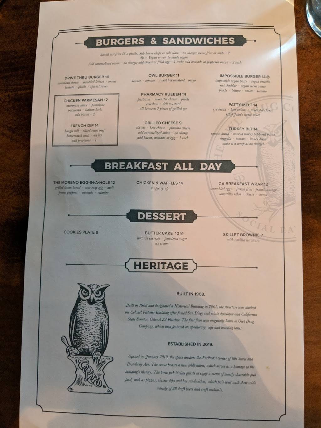 The Owl Drug Co. Social Eating House | restaurant | 602 Broadway, San Diego, CA 92101, USA | 6197567598 OR +1 619-756-7598