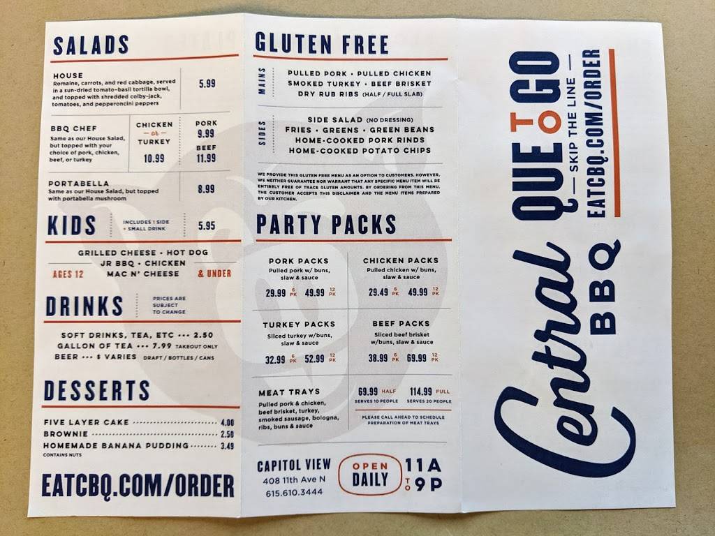 Central BBQ (Capitol View) | restaurant | 408 11th Ave N, Nashville, TN 37203, USA | 6156103444 OR +1 615-610-3444