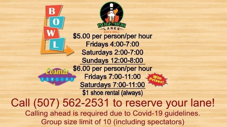 Bole Mor Lanes | meal takeaway | 102 7th Ave SE, Pipestone, MN 56164, USA | 5075622531 OR +1 507-562-2531