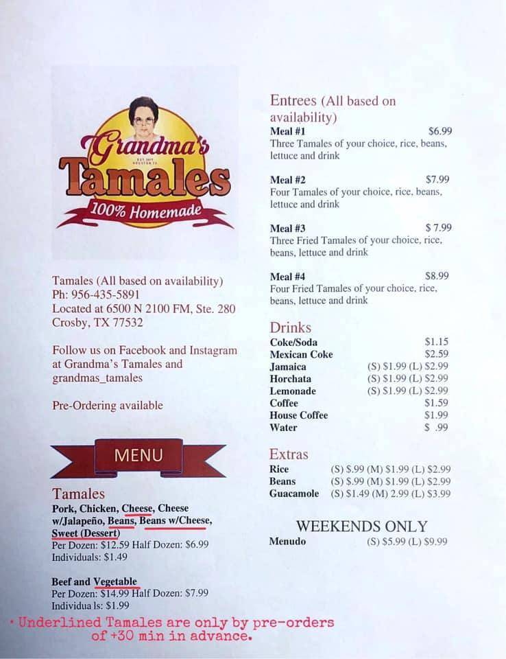 Grandma’s tamales | restaurant | 6500 FM 2100, Crosby, TX 77532, USA | 9564355891 OR +1 956-435-5891