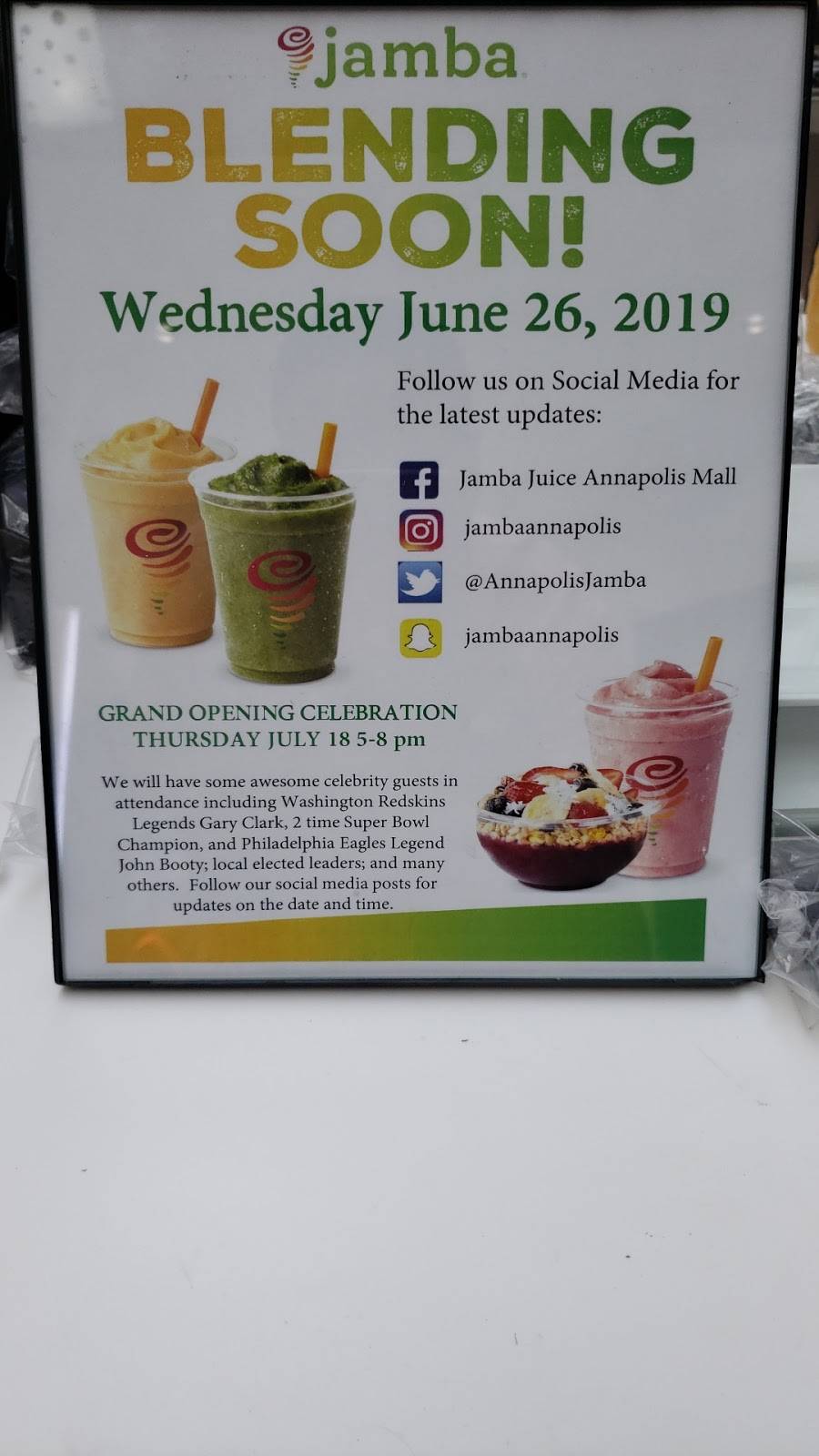 Jamba | restaurant | 2002 Annapolis Mall Rd Kiosk #9016, Annapolis, MD 21401, USA | 4105715037 OR +1 410-571-5037