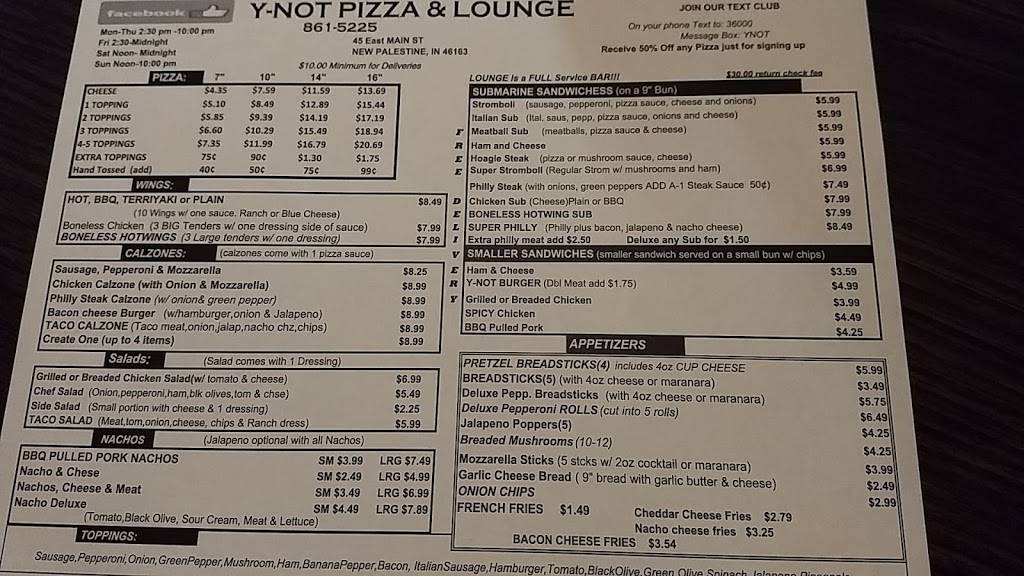 Y-Not Pizza | restaurant | 45 E Main St, New Palestine, IN 46163, USA | 3178615225 OR +1 317-861-5225