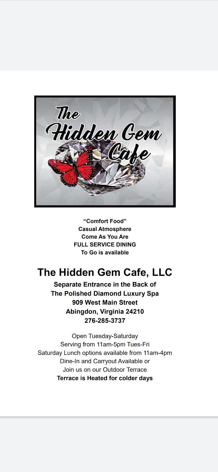 The Hidden Gem Cafe LLC | restaurant | 909 W Main St, Abingdon, VA 24210, USA | 2762853737 OR +1 276-285-3737