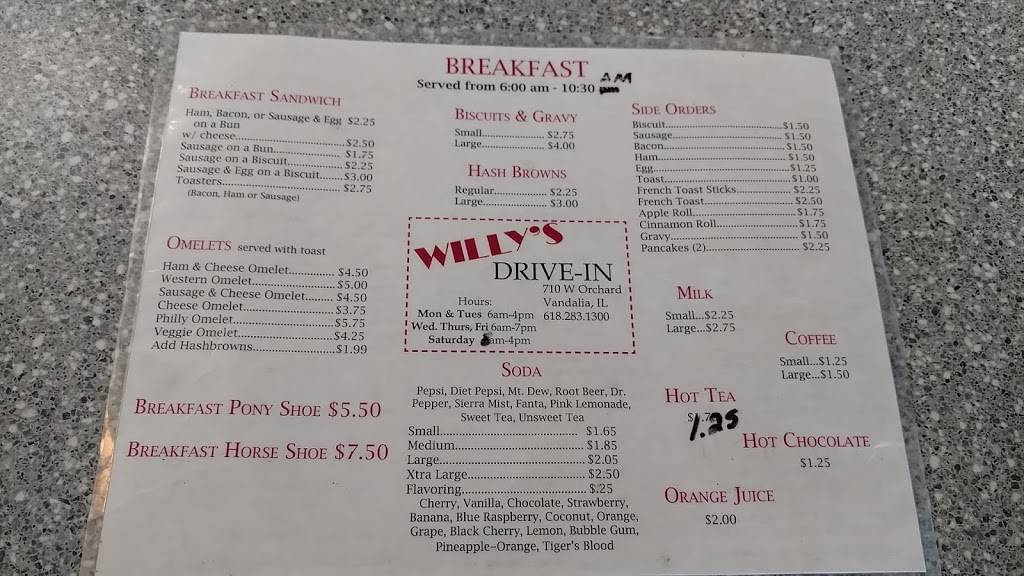 Willys Drive In | restaurant | 710 W Orchard St, Vandalia, IL 62471, USA | 6182831300 OR +1 618-283-1300