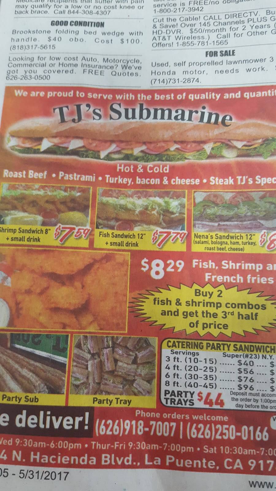T Js Submarines | meal takeaway | 1054 N Hacienda Blvd, La Puente, CA 91744, USA | 6269187007 OR +1 626-918-7007