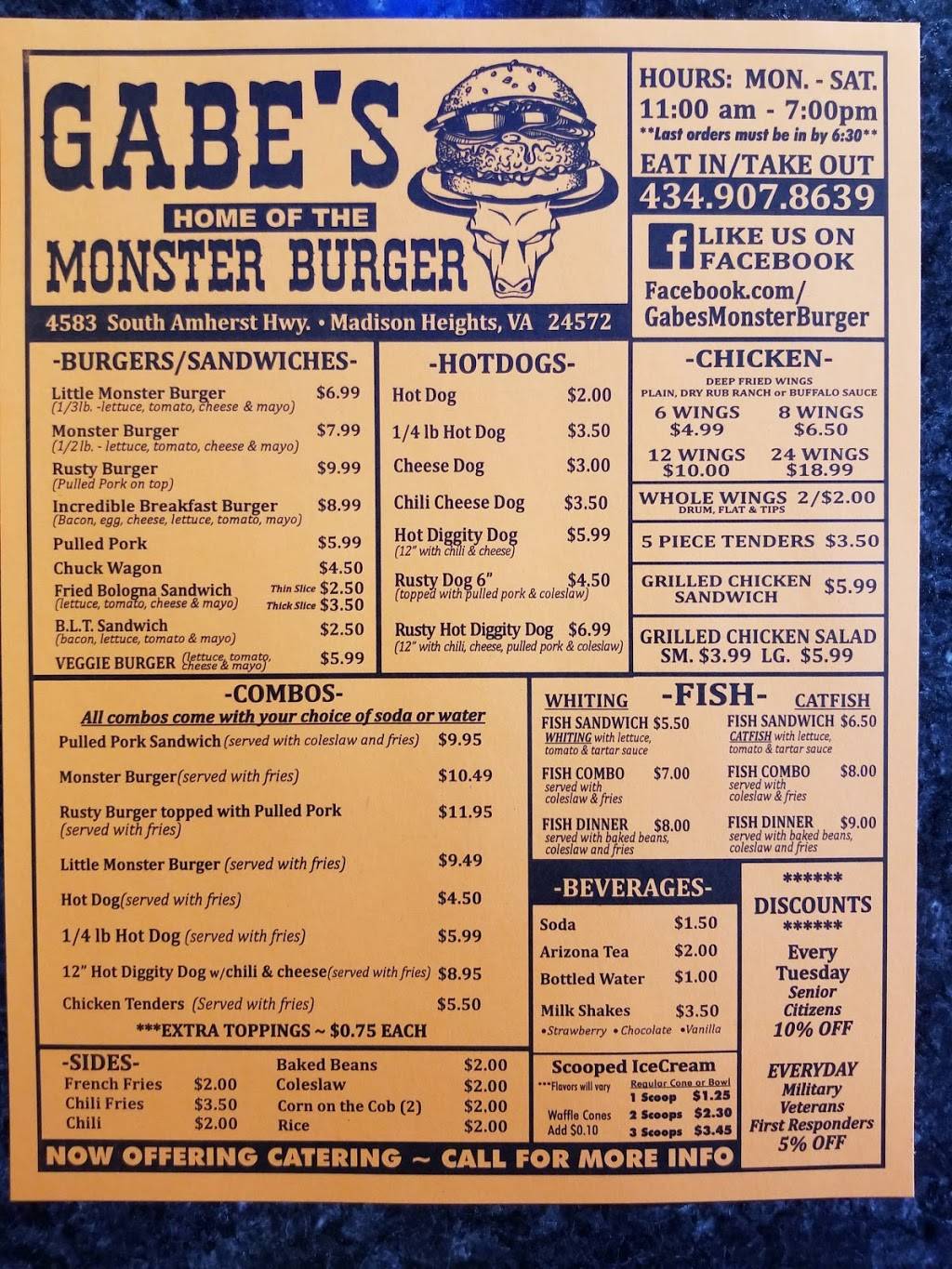 Gabe’s | restaurant | 4583 S Amherst Hwy, Madison Heights, VA 24572, USA | 4349078639 OR +1 434-907-8639