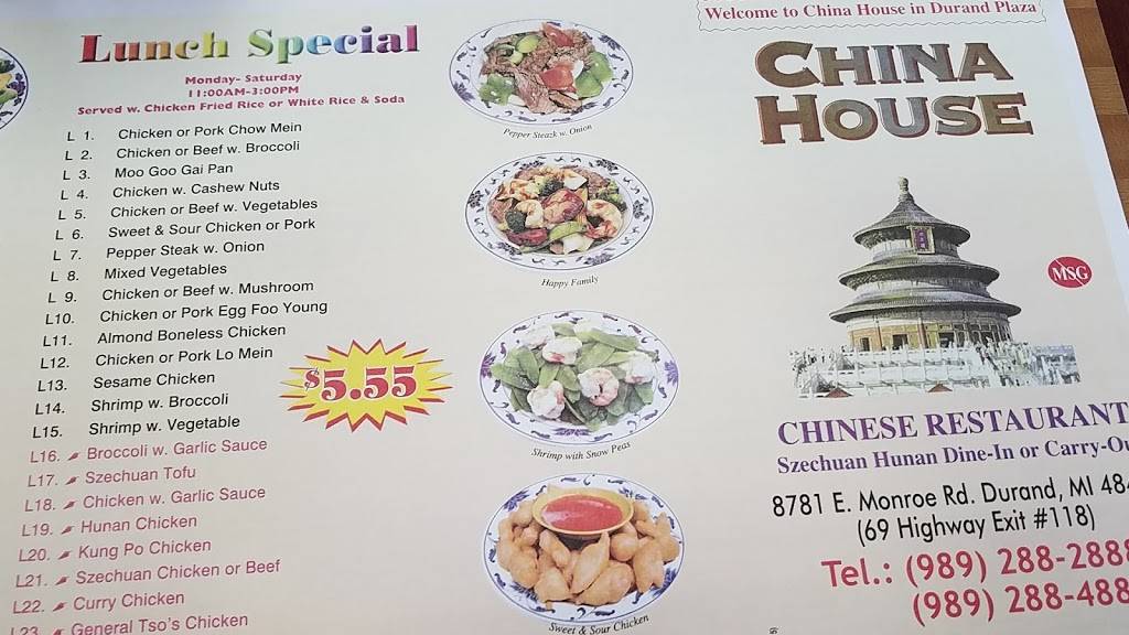 China House | restaurant | 8781 Monroe Rd, Durand, MI 48429, USA | 9892882888 OR +1 989-288-2888