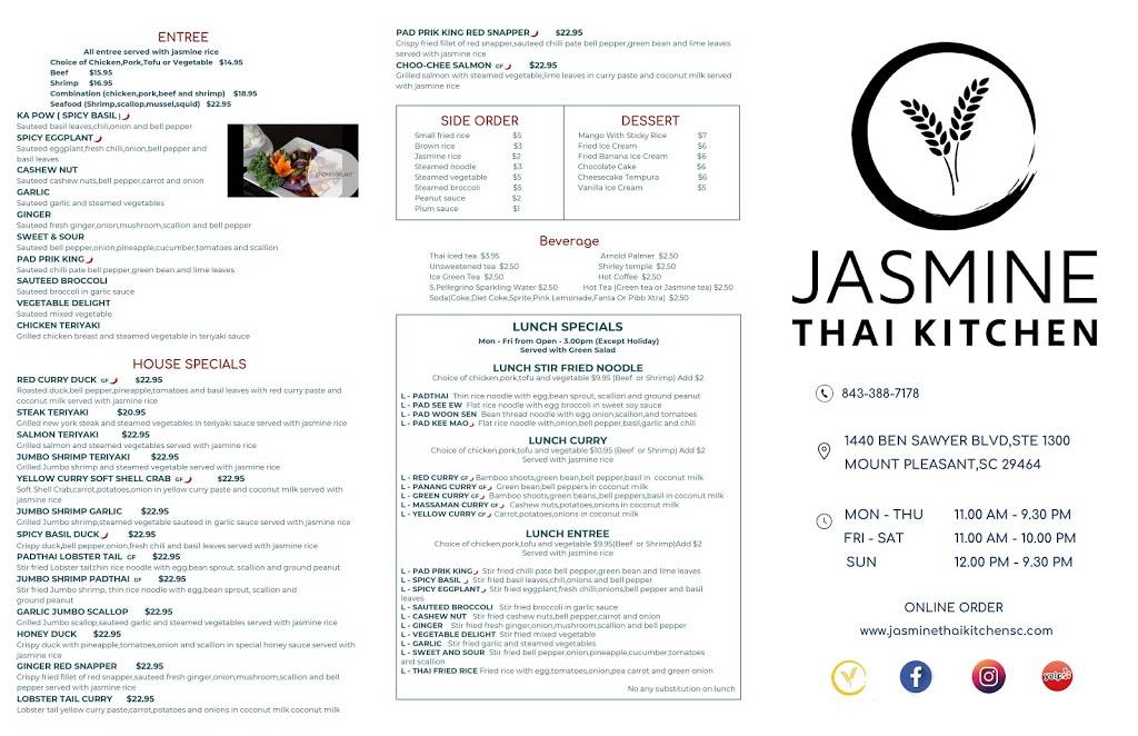 Jasmine Thai Kitchen | restaurant | 1440 Ben Sawyer Blvd STE1300, Mt Pleasant, SC 29464, USA | 8433887178 OR +1 843-388-7178