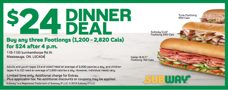 Subway | restaurant | 1100 Burnhamthorpe Rd W #11B, Mississauga, ON L5C 4G4, Canada | 9058970648 OR +1 905-897-0648