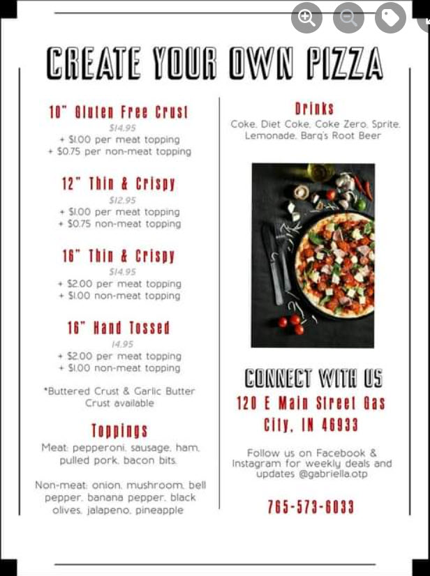 Gabriella’s Old Time Pizza | restaurant | 120 E Main St, Gas City, IN 46933, USA | 7655736033 OR +1 765-573-6033