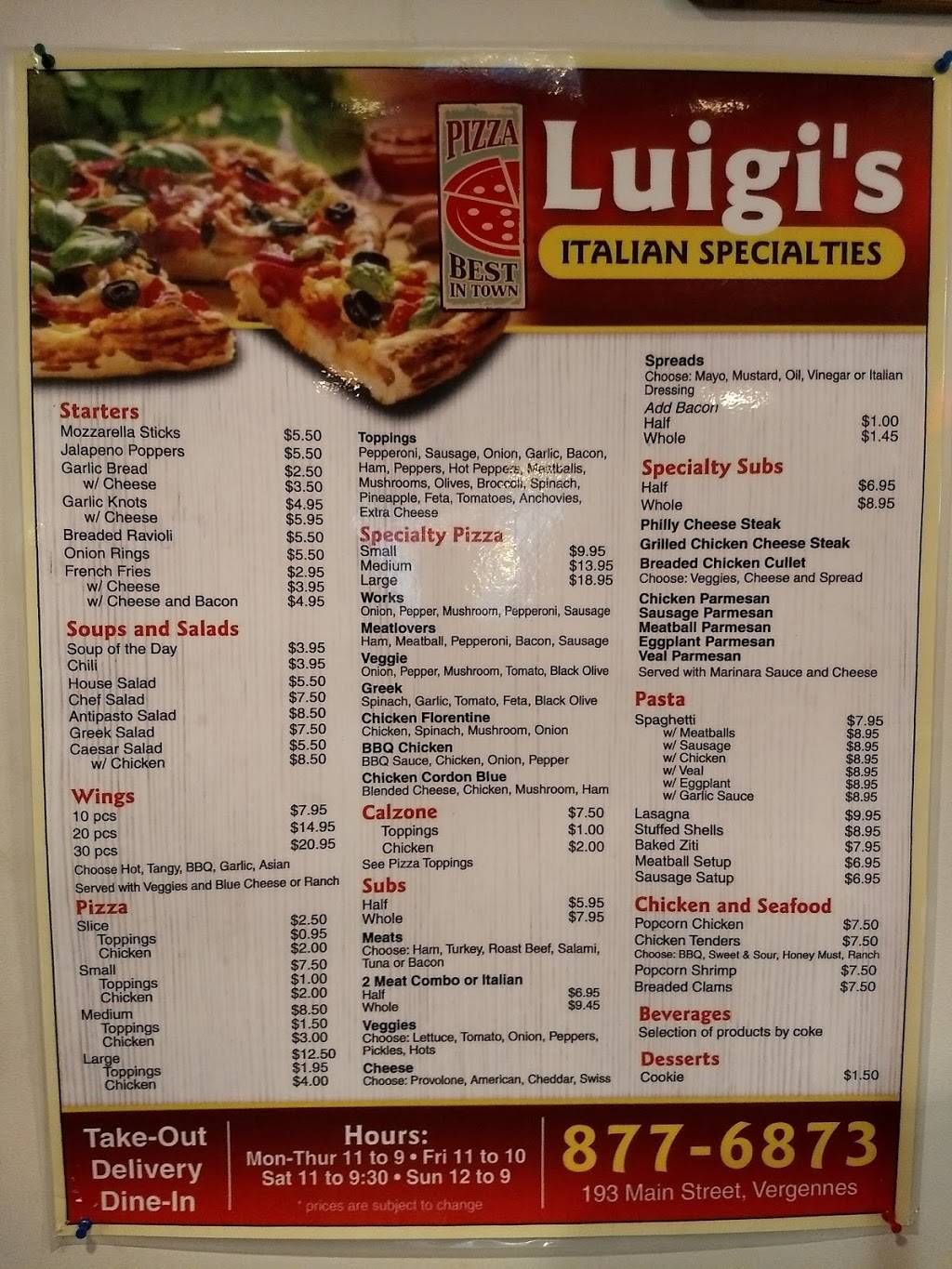 Luigis Italian Specialties | restaurant | 193 Main St, Vergennes, VT 05491, USA | 8028776873 OR +1 802-877-6873
