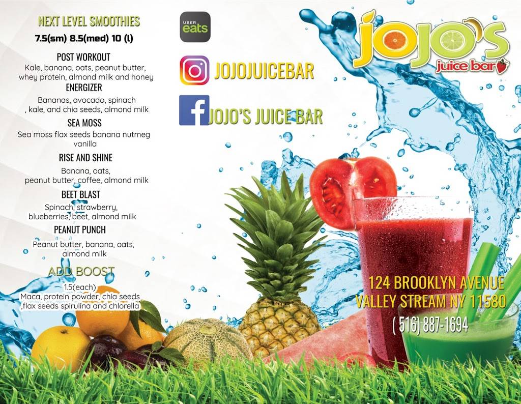 Jojo’s Juice Bar | restaurant | 124 Brooklyn Ave, Valley Stream, NY 11581, USA | 5168871694 OR +1 516-887-1694