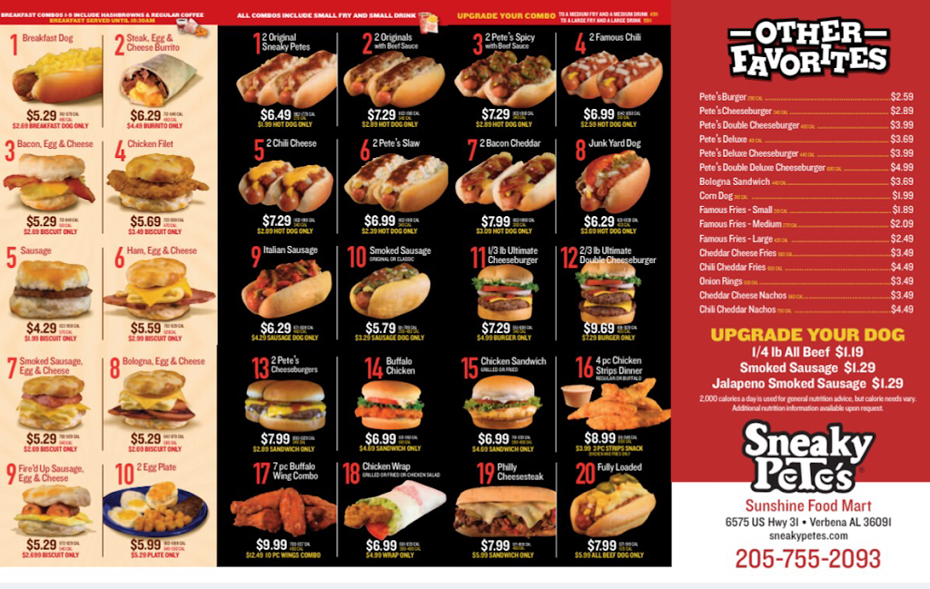 Sneaky Petes. HotDogs & Hamburgers Breakfast, Lunch & Dinner | restaurant | 6575 US-31, Verbena, AL 36091, USA | 2057552093 OR +1 205-755-2093