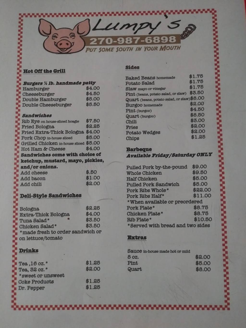 Lumpys | restaurant | 11922 Jago Thomas Rd, Herndon, KY 42236, USA | 2709876898 OR +1 270-987-6898