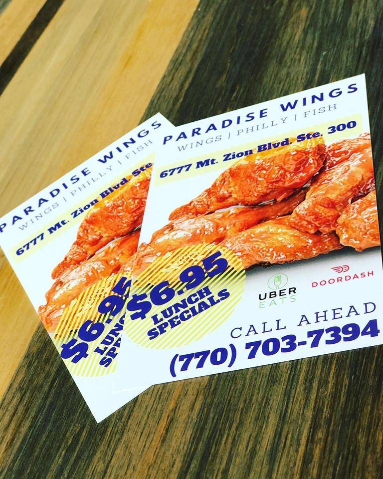 Paradise Wings | restaurant | 6777 Mt Zion Blvd STE 300, Morrow, GA 30260, USA | 7707037394 OR +1 770-703-7394