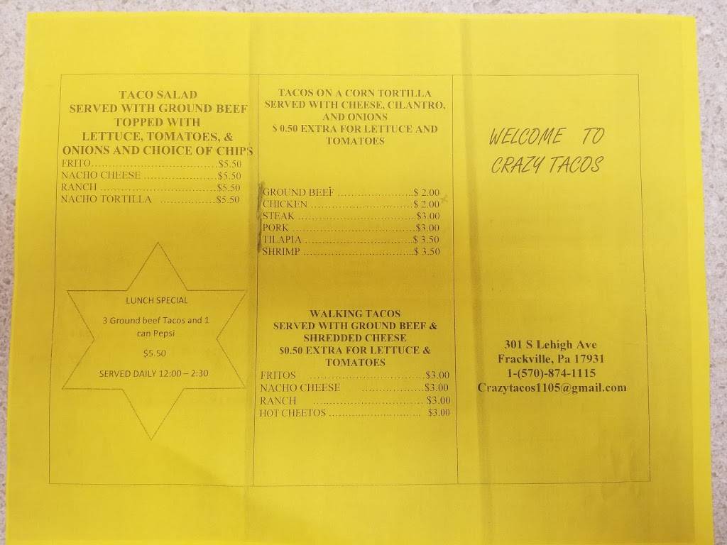Crazy Tacos | restaurant | 301 S Lehigh Ave, Frackville, PA 17931, USA | 5708741115 OR +1 570-874-1115