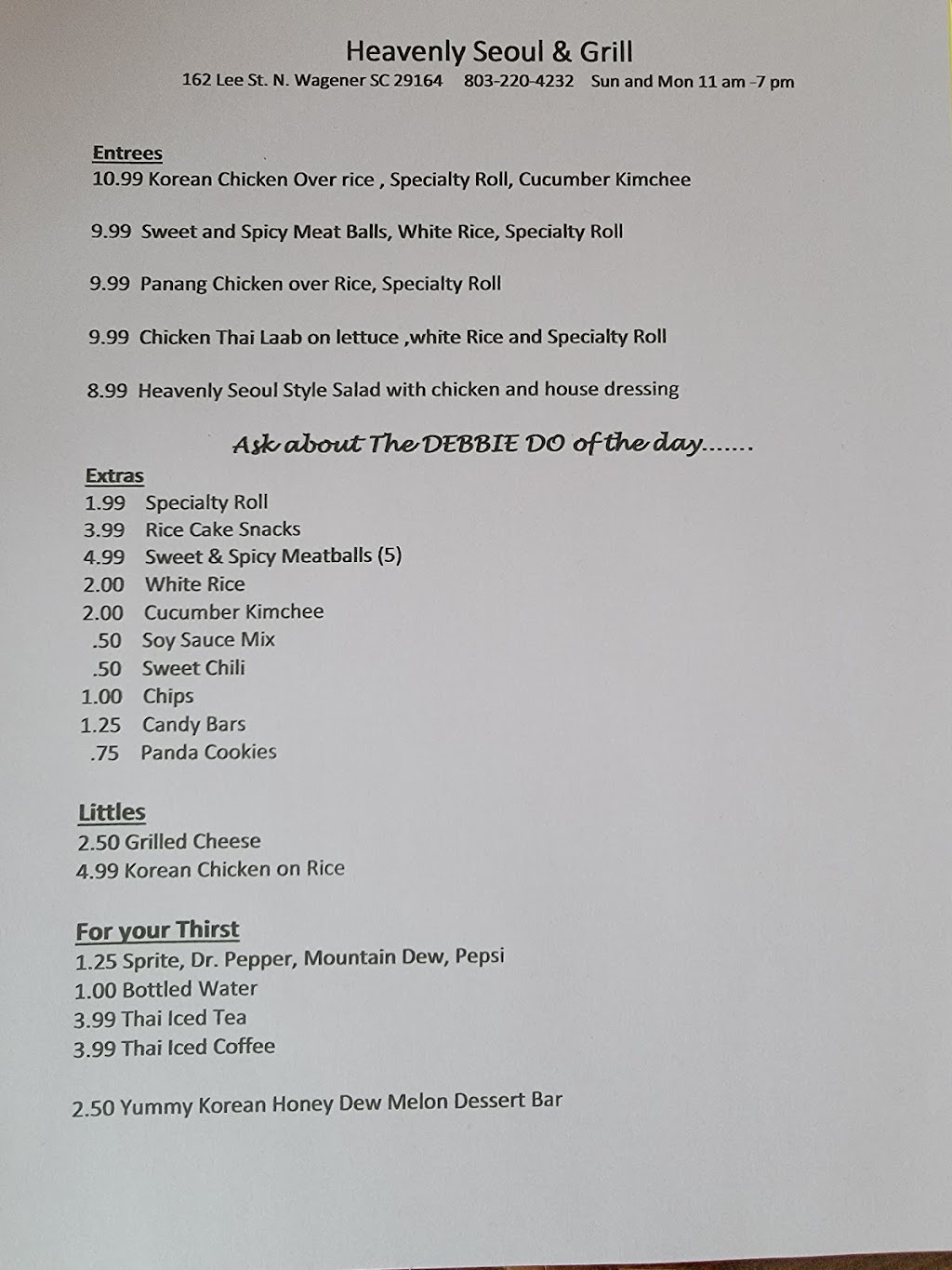 Heavenly Seoul and Grill | restaurant | 162 Lee St N, Wagener, SC 29164, USA | 8032204232 OR +1 803-220-4232