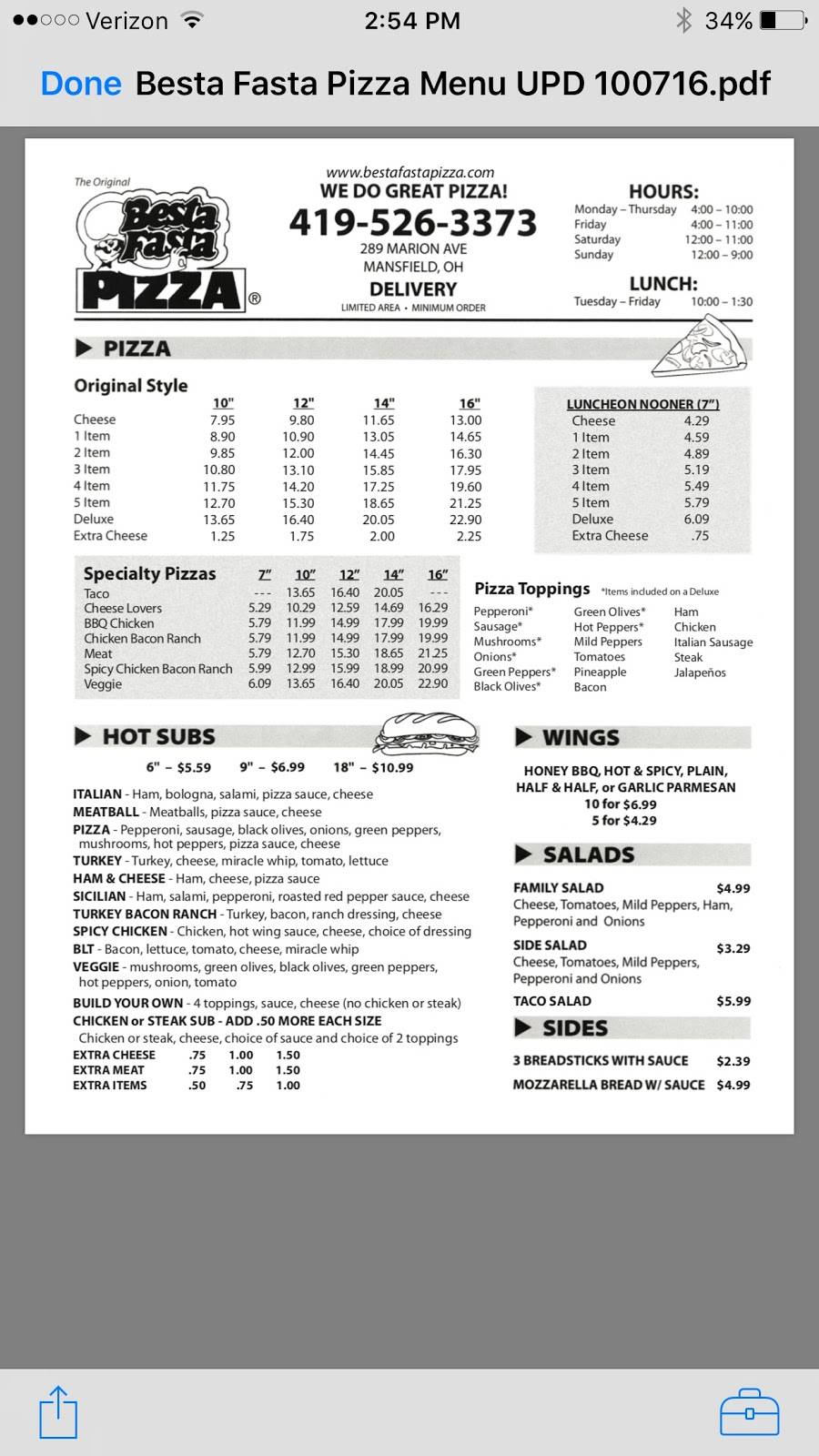 Besta Fasta Pizza | restaurant | 289 Marion Ave, Mansfield, OH 44903, USA | 4195263373 OR +1 419-526-3373