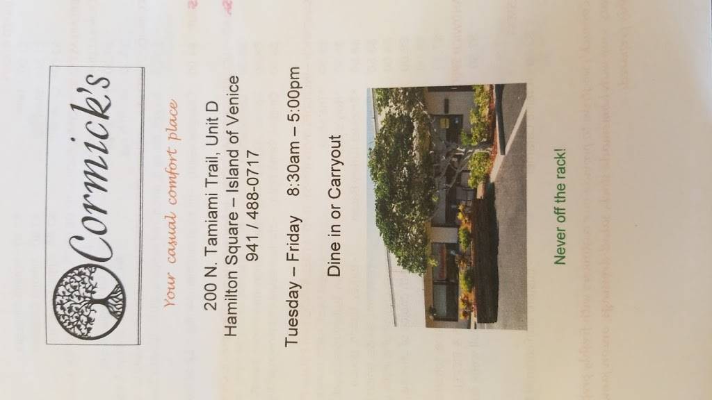 Cormicks | restaurant | 200 N Tamiami Trail, Venice, FL 34285, USA | 9414880717 OR +1 941-488-0717