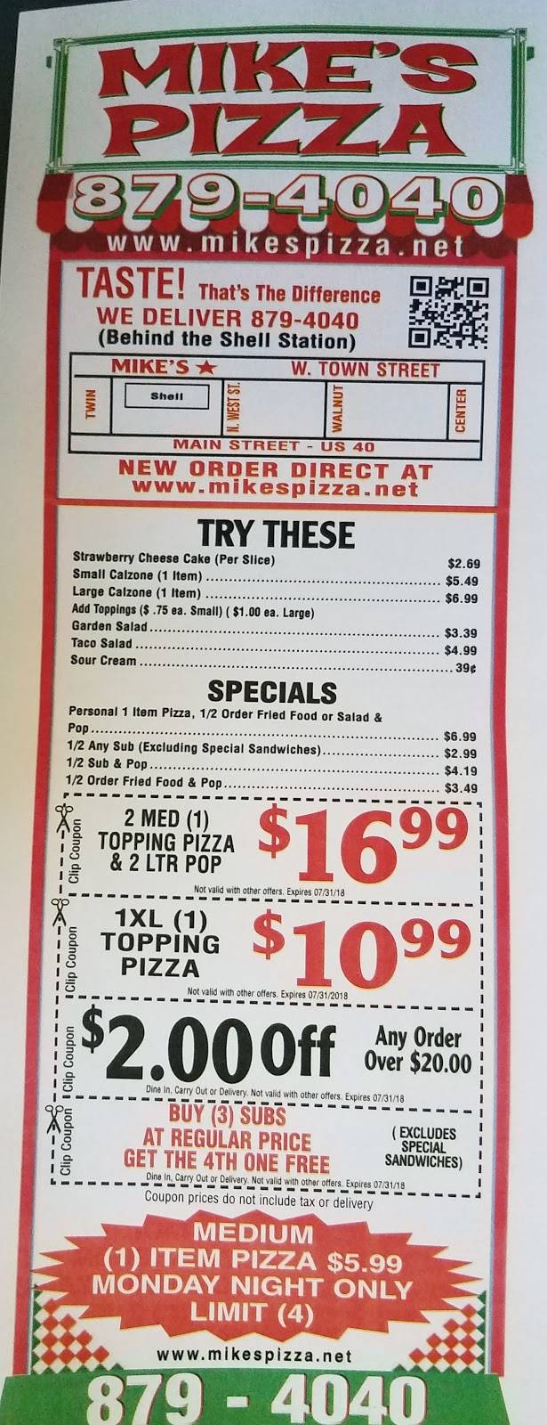 Mikes Pizza | restaurant | 50 W Town St, West Jefferson, OH 43162, USA | 6148794040 OR +1 614-879-4040