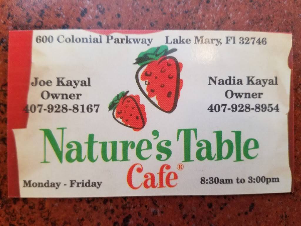 Natures Table Cafe | cafe | 600 Colonial Center Pkwy, Lake Mary, FL 32746, USA | 4074442260 OR +1 407-444-2260