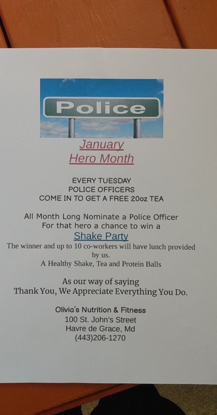 Olivias Nutrition & Fitness | restaurant | 100 St John St, Havre De Grace, MD 21078, USA | 4432061270 OR +1 443-206-1270