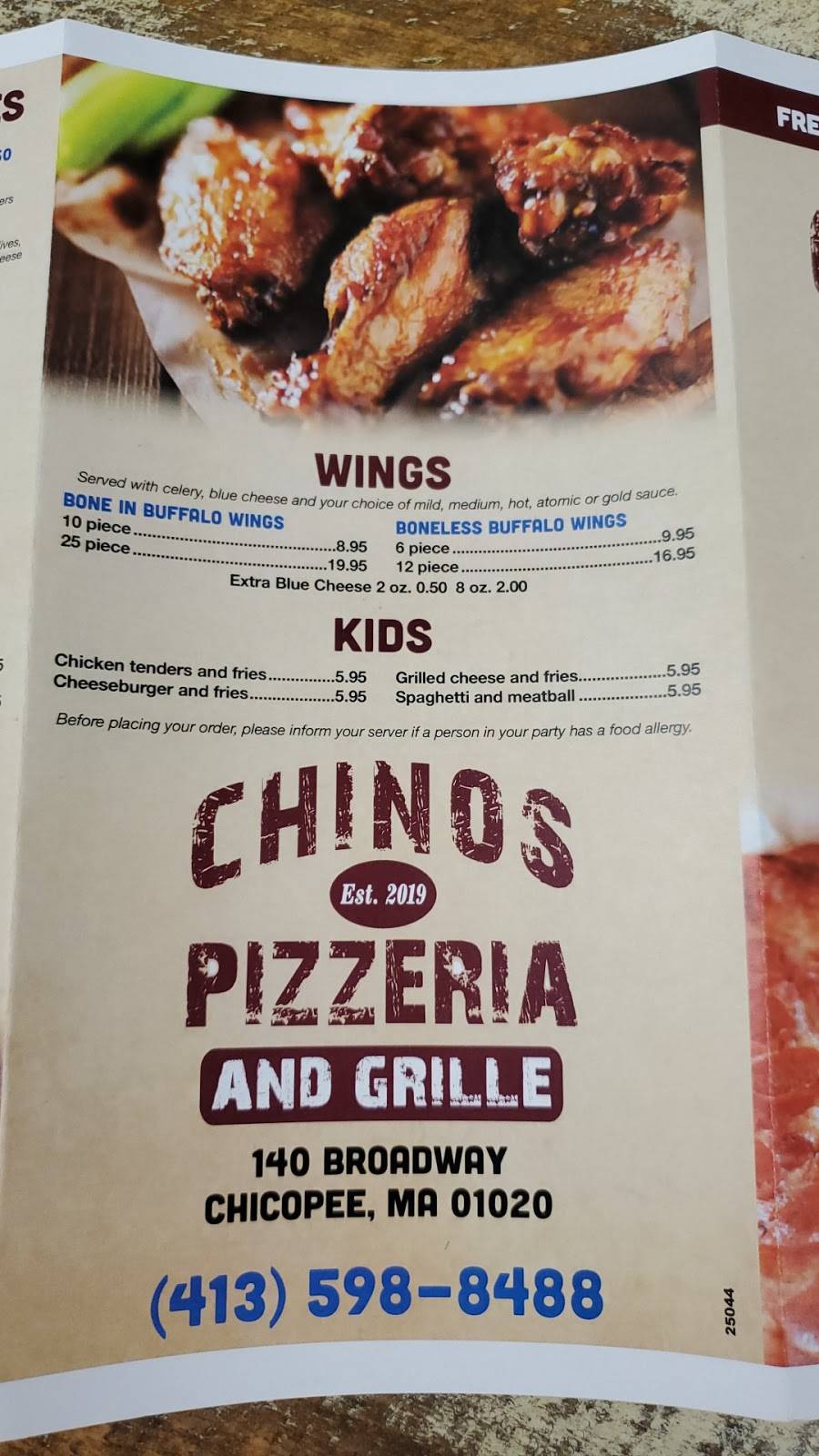 Chinos Pizzeria and Grille | restaurant | 140 Broadway St, Chicopee, MA 01020, USA | 4135988488 OR +1 413-598-8488