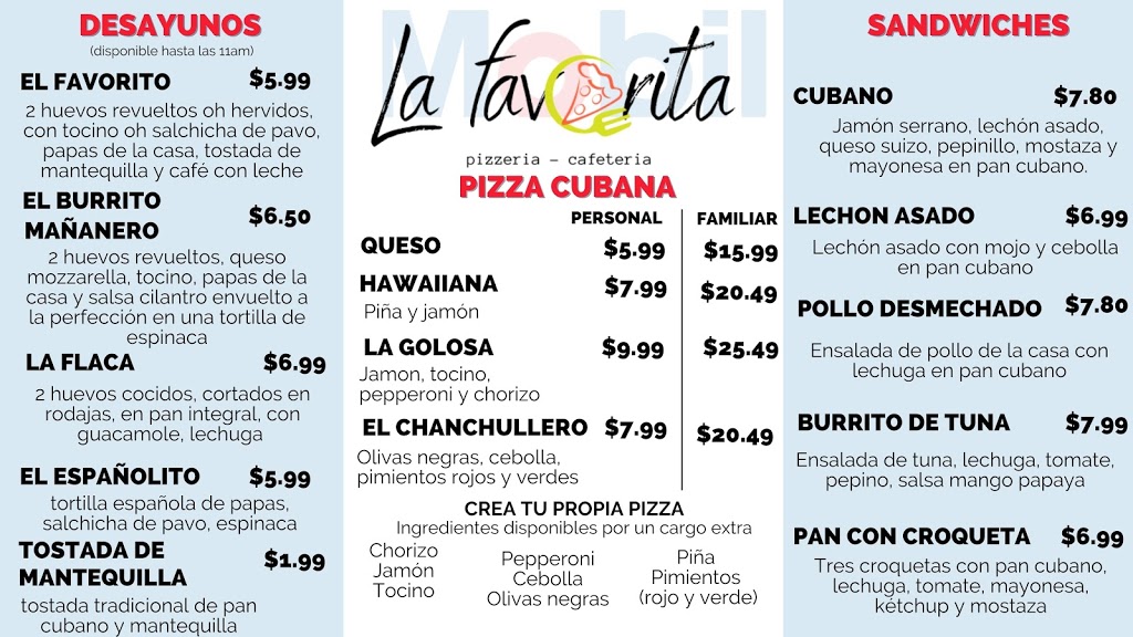 La Favorita Pizzeria - Cafeteria | meal takeaway | 1205 W 49th St, Hialeah, FL 33012, USA | 3055563984 OR +1 305-556-3984