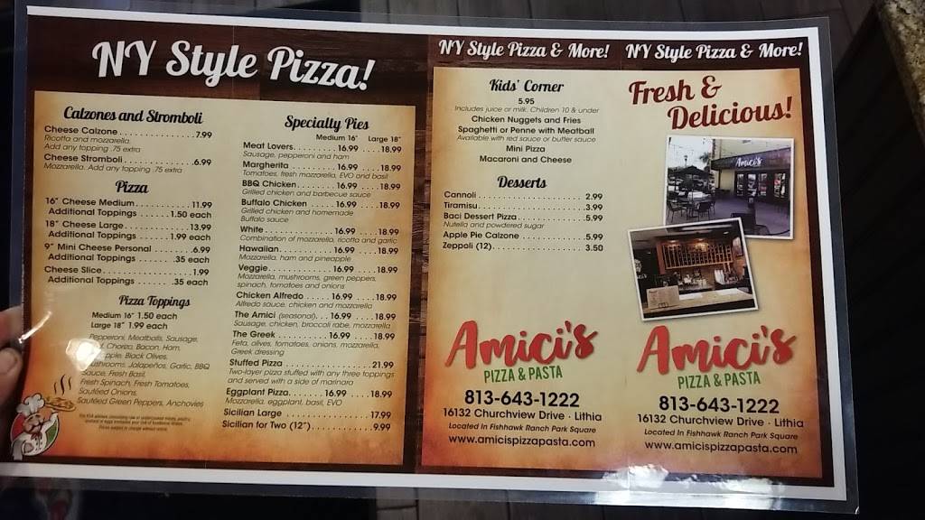 Amicis Pizza & Pasta | meal delivery | 16132 Churchview Dr #115, Lithia, FL 33547, USA | 8136431222 OR +1 813-643-1222