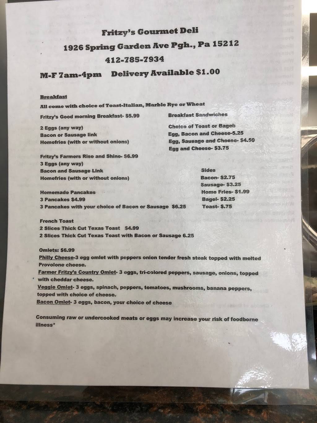 Fritzy’s Gourmet Deli | restaurant | 1926 Spring Garden Ave, Pittsburgh, PA 15212, USA | 4127857934 OR +1 412-785-7934