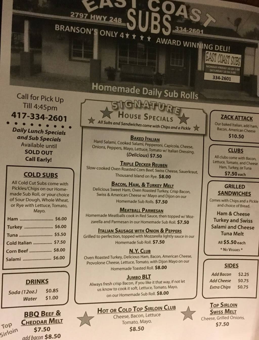 East Coast Subs | restaurant | 1527 Bee Creek Rd, Branson, MO 65616, USA | 4173342601 OR +1 417-334-2601