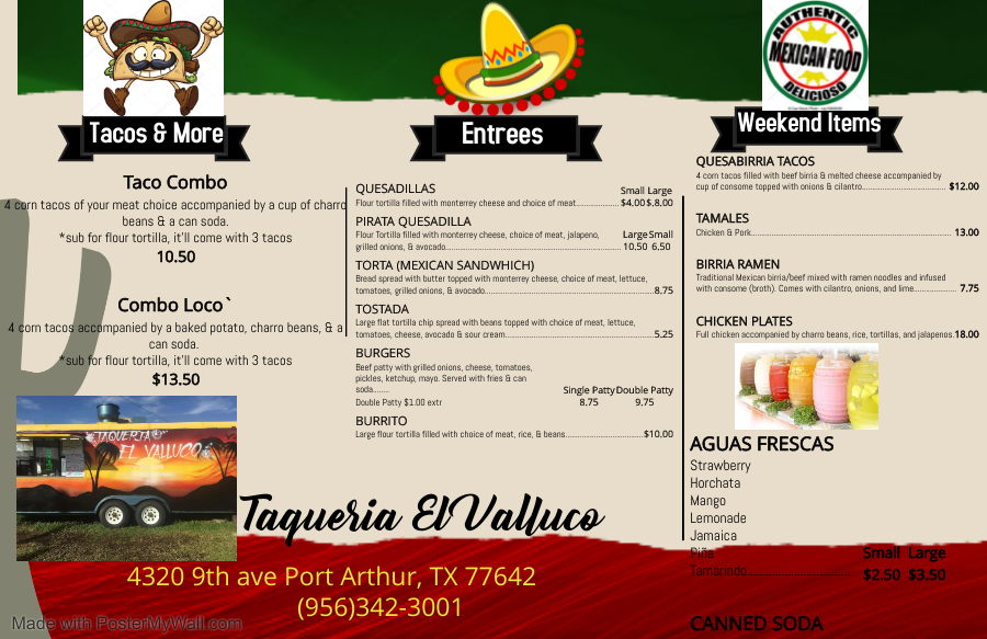Taqueria El Valluco | restaurant | 4320 9th Ave, Port Arthur, TX 77642, USA | 9563423001 OR +1 956-342-3001