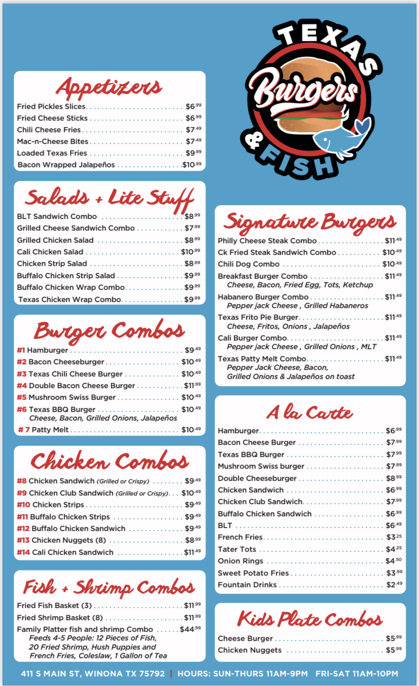 Texas Burgers & Fish | restaurant | 411 S Main St, Winona, TX 75792, USA | 9039021799 OR +1 903-902-1799