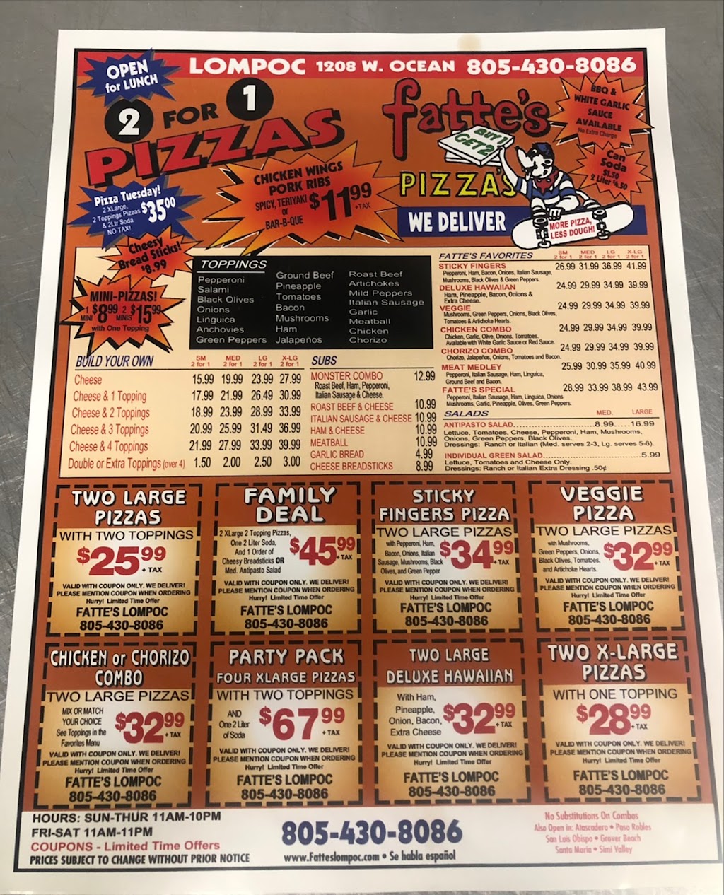 Fattes pizza Of Lompoc | restaurant | 1208 W Ocean Ave, Lompoc, CA 93436, USA | 8054308086 OR +1 805-430-8086