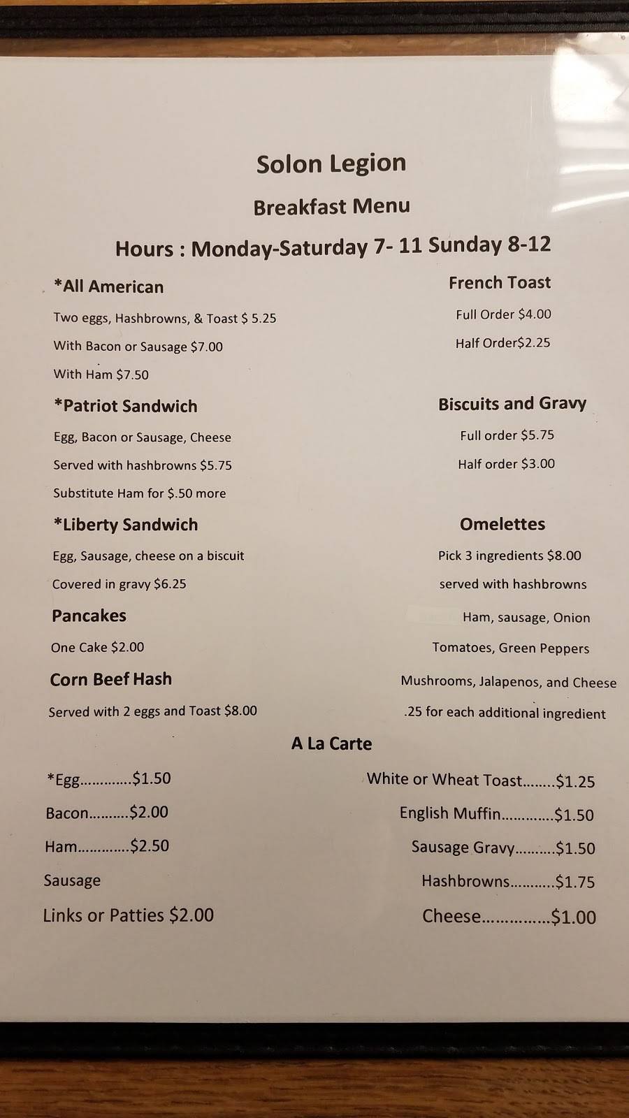 American Legion Patriot Grille | restaurant | 222 E Main St, Solon, IA 52333, USA | 3196242277 OR +1 319-624-2277