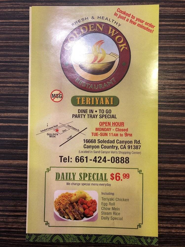 GOLDEN WOK | restaurant | 16668 Soledad Canyon Rd, Canyon Country, CA 91387, USA | 6614240888 OR +1 661-424-0888