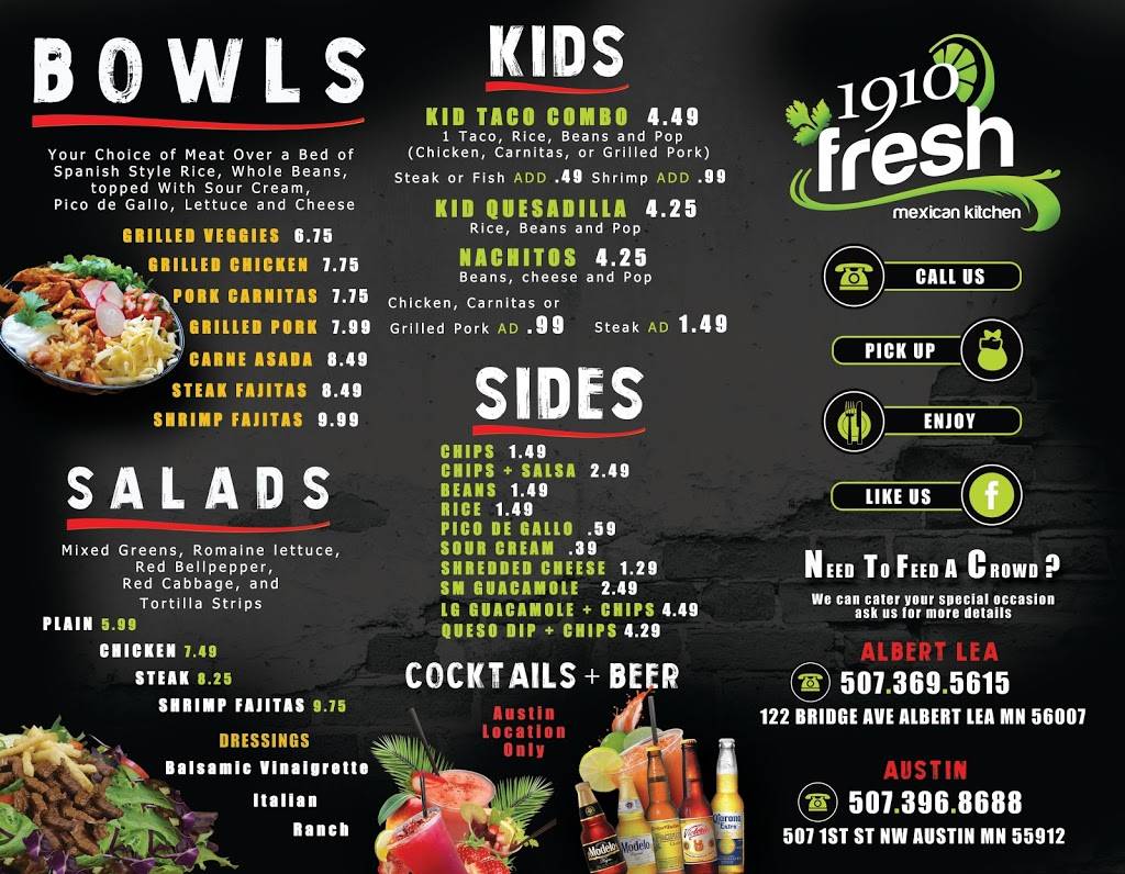 1910 Fresh Mexican Kitchen #2 | restaurant | 122 Bridge Ave, Albert Lea, MN 56007, USA | 5073695615 OR +1 507-369-5615