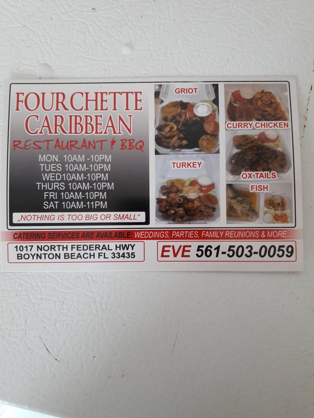 FOURCHETTE CARIBBEAN RESTAURANT | restaurant | 1017 N Federal Hwy, Boynton Beach, FL 33435, USA | 5615030059 OR +1 561-503-0059