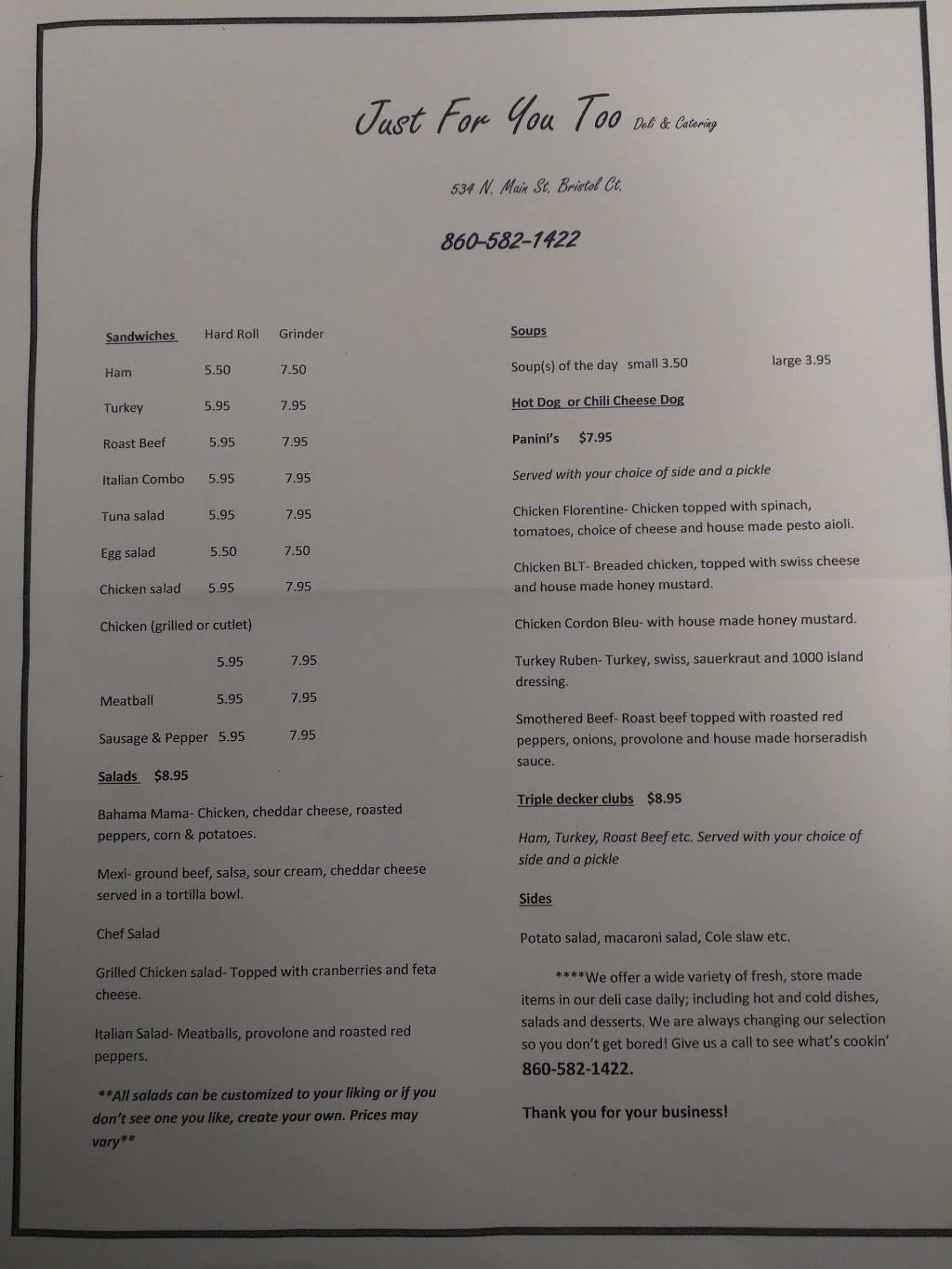 Just For You Too Deli & Catering | restaurant | 534 N Main St, Bristol, CT 06010, USA | 8605821422 OR +1 860-582-1422