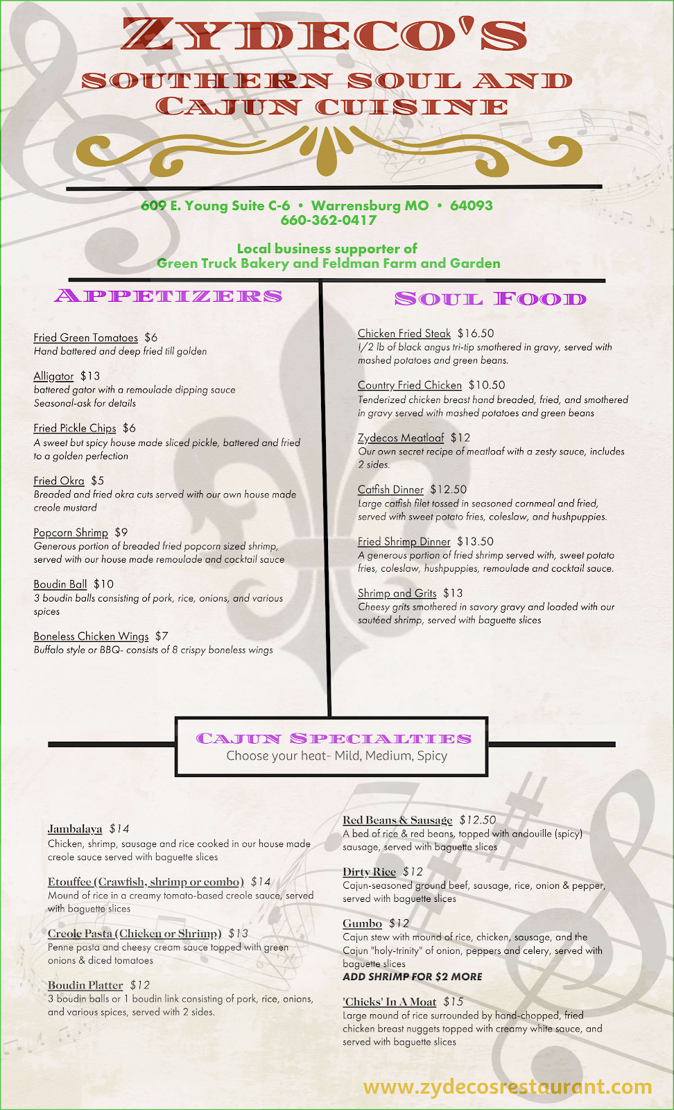 Zydecos | restaurant | 609 E Young Ave suite C-8, Warrensburg, MO 64093, USA | 6603620417 OR +1 660-362-0417