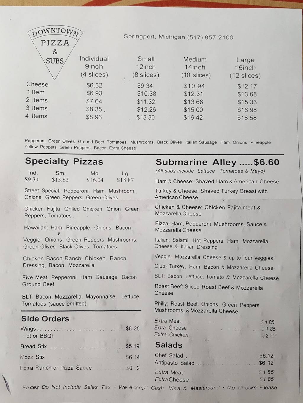 Downtown Pizza & Subs | restaurant | 114 E Main St, Springport, MI 49284, USA | 5178572100 OR +1 517-857-2100