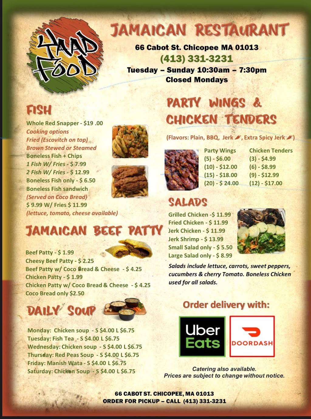 Yaad Food Bar & Grill | restaurant | 66 Cabot St, Chicopee, MA 01013, USA | 4133313231 OR +1 413-331-3231